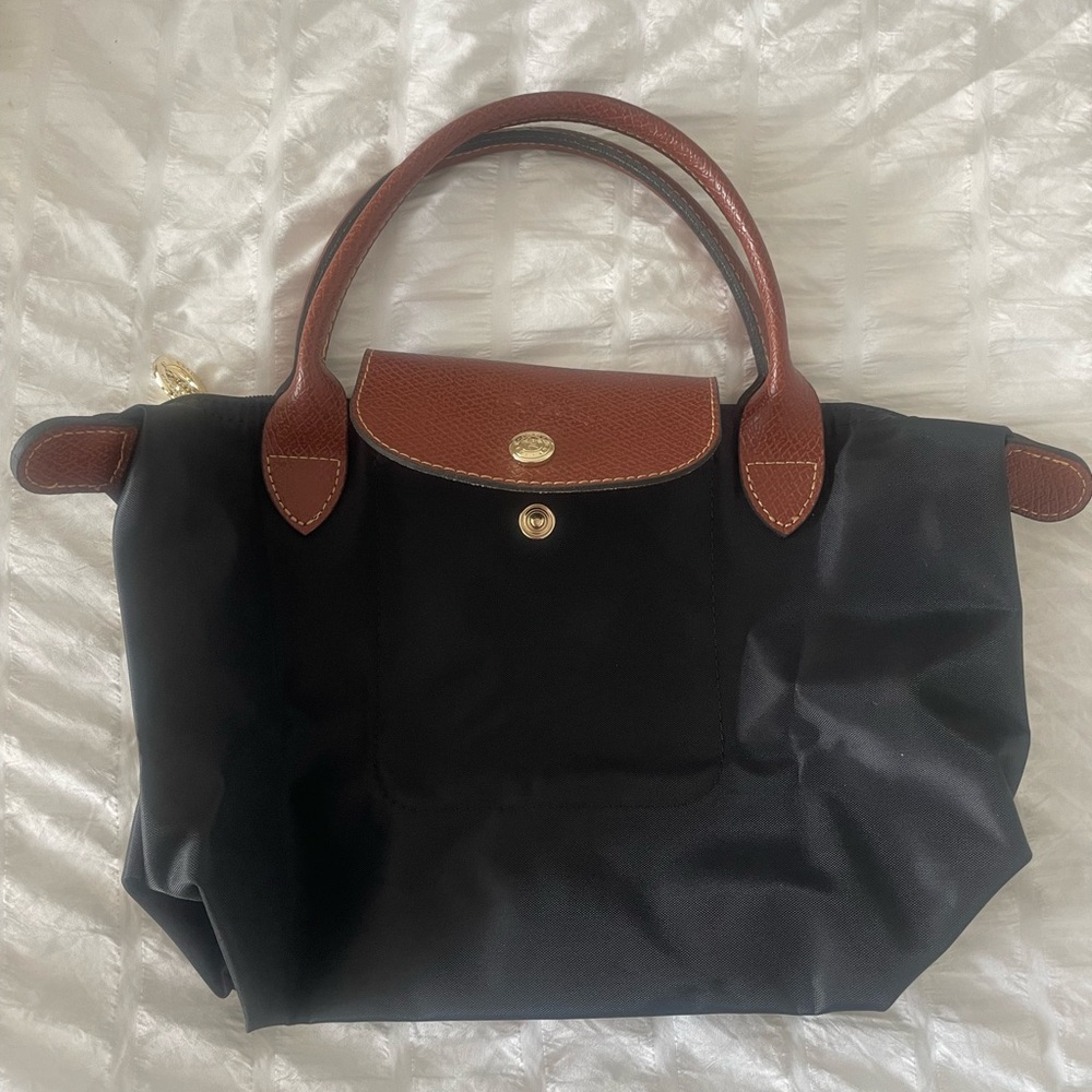 Longchamp La Pliage small size black top handle tote